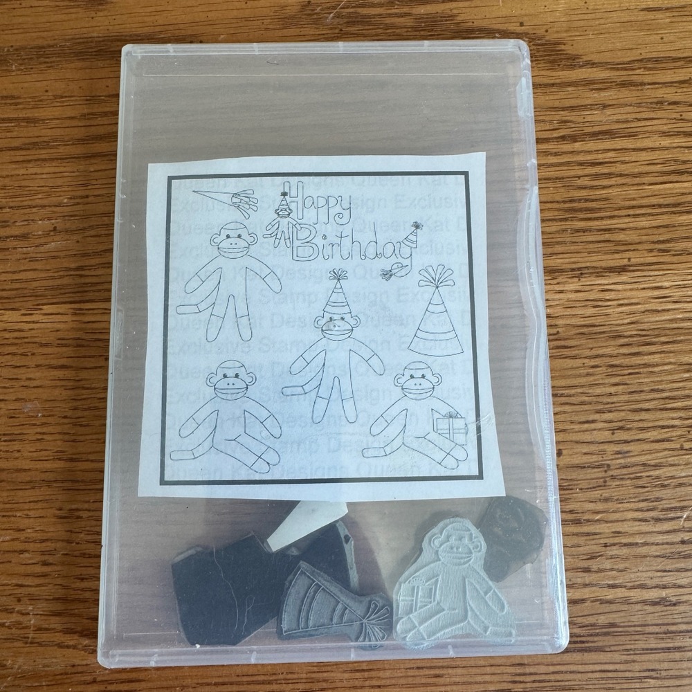 Queen Kat Designs Sock Monkey Happy Birthday‎ Cling Rubber Stamp Set 7pc